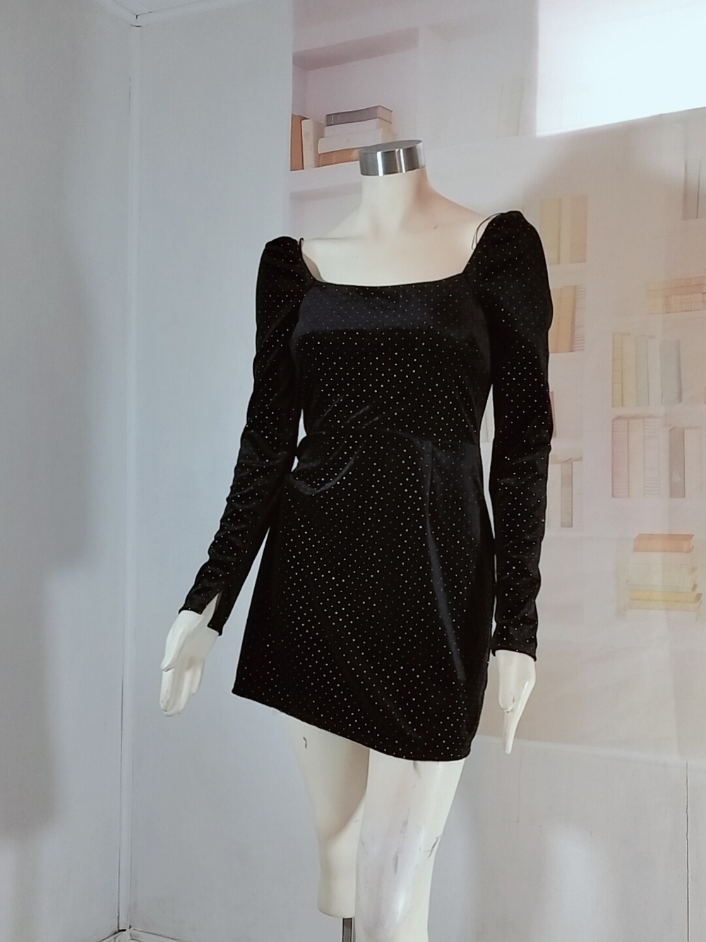 miami Black Velvet Mini Dress with Sparkle Dots